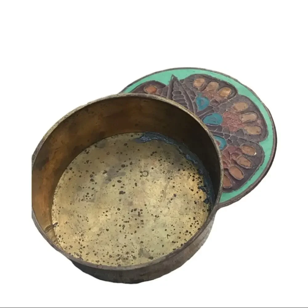 Vintage Brass Ring Box with Moth or Butterfly in Orange and Mint Green Enamel